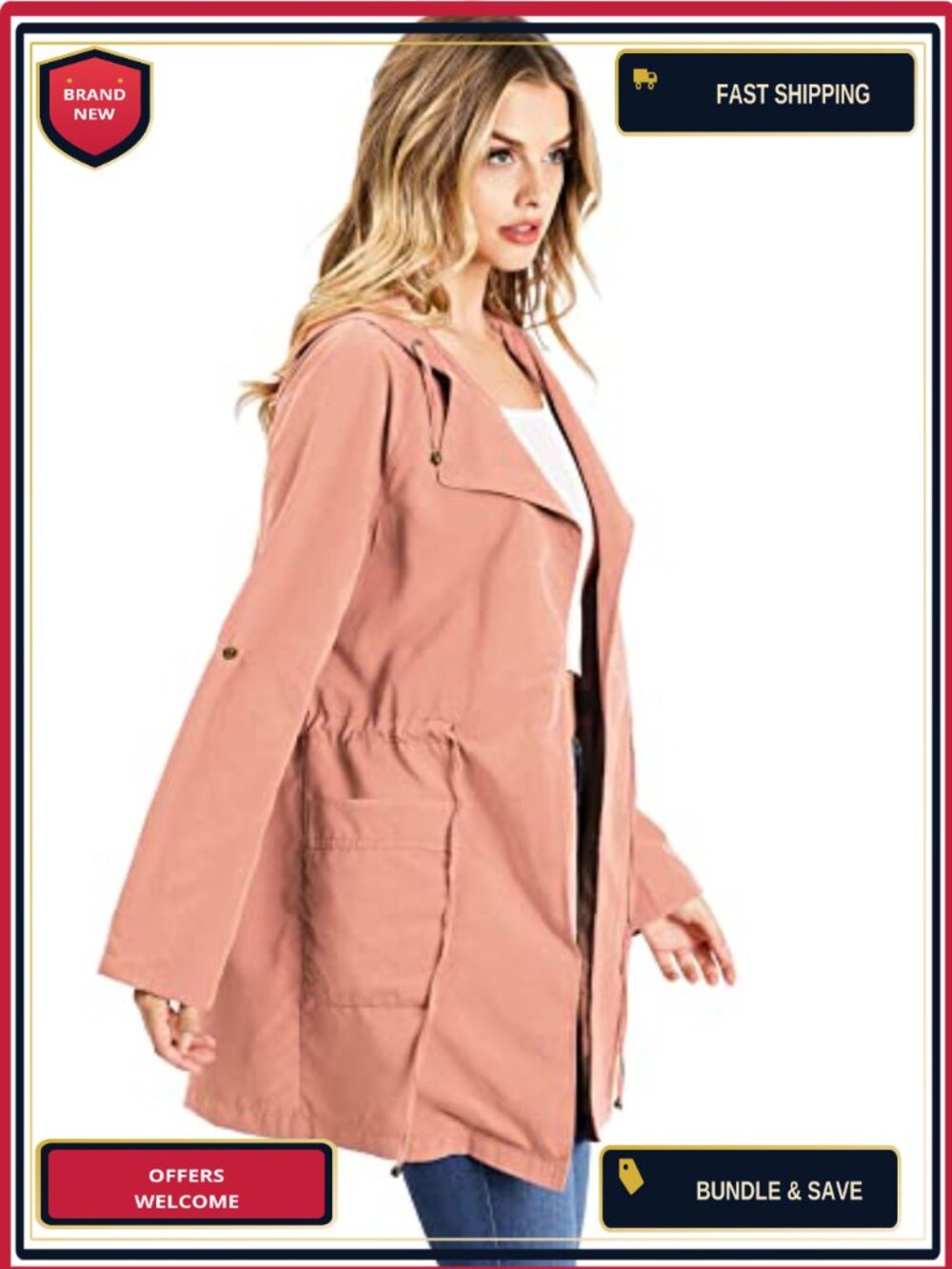 Lightweight Hooded Anorak Drawstring Waist Pockets Long Sleeve Polyester